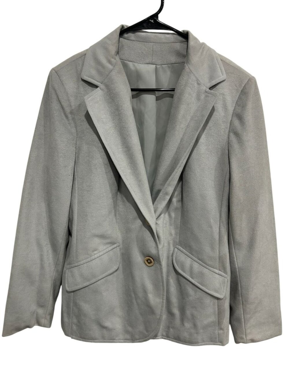 Small Gray Single Button Tailored Fit Blazer Pocket Flaps Professional Minimalis